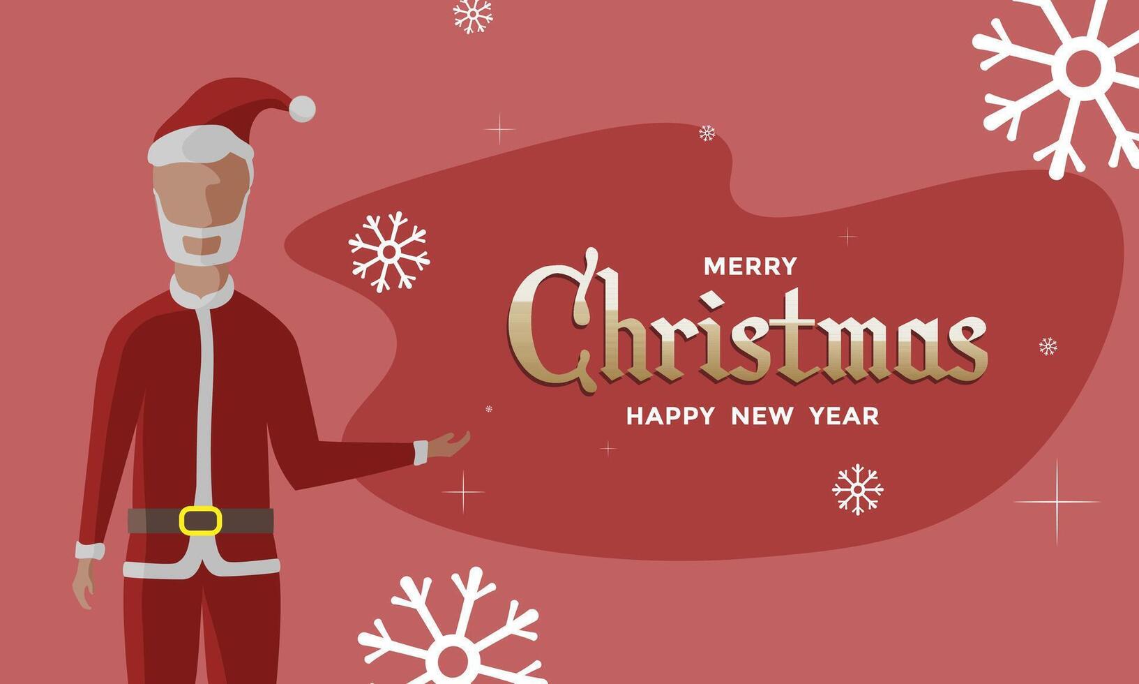 flat christmas card with decoration of snowflakes and stars with santa clous showing a message that says merry christmas and happy new year. holidays concept. vector