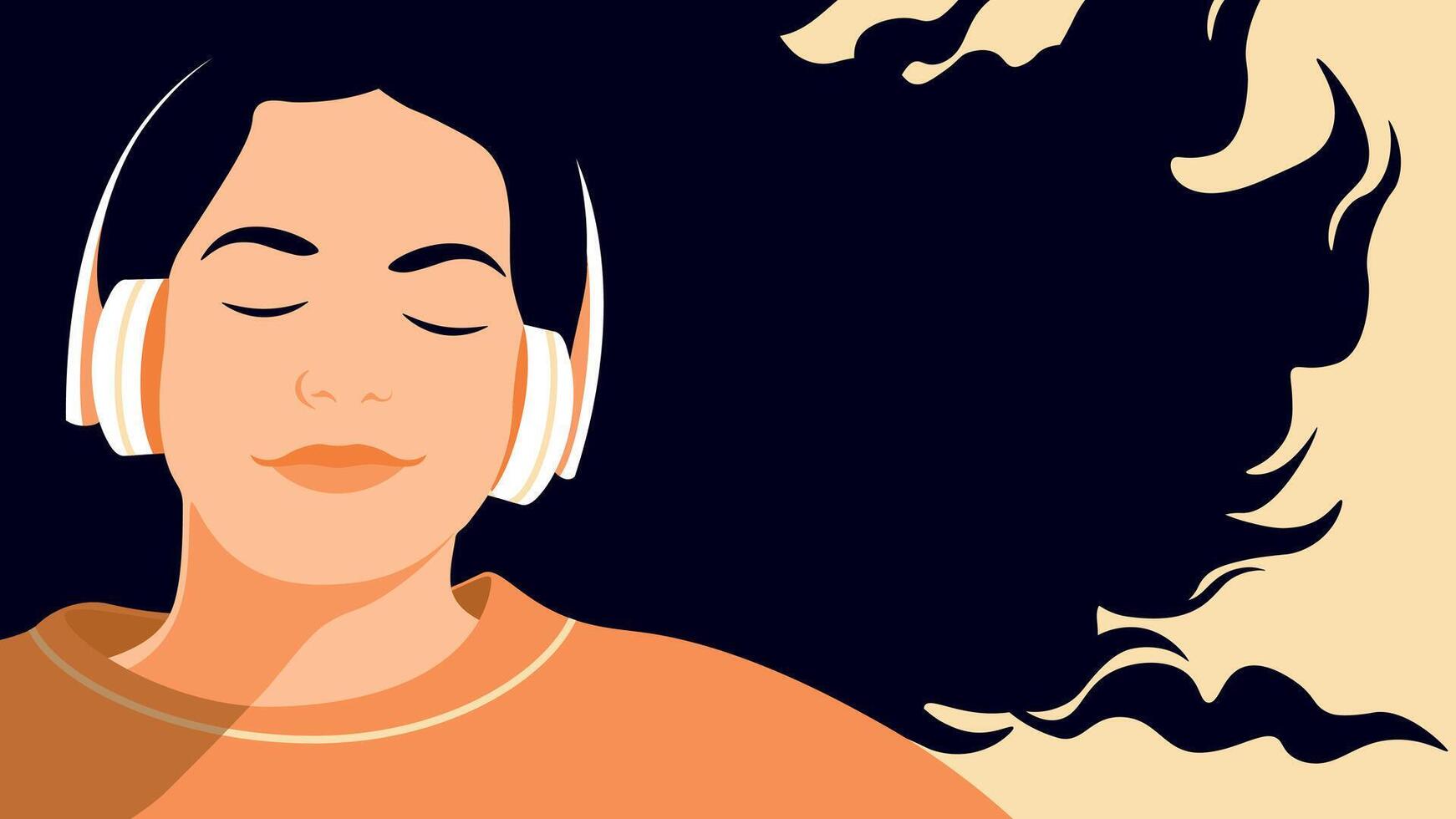 portrait of a smiling young Hispanic woman listening to music with headphones. vector