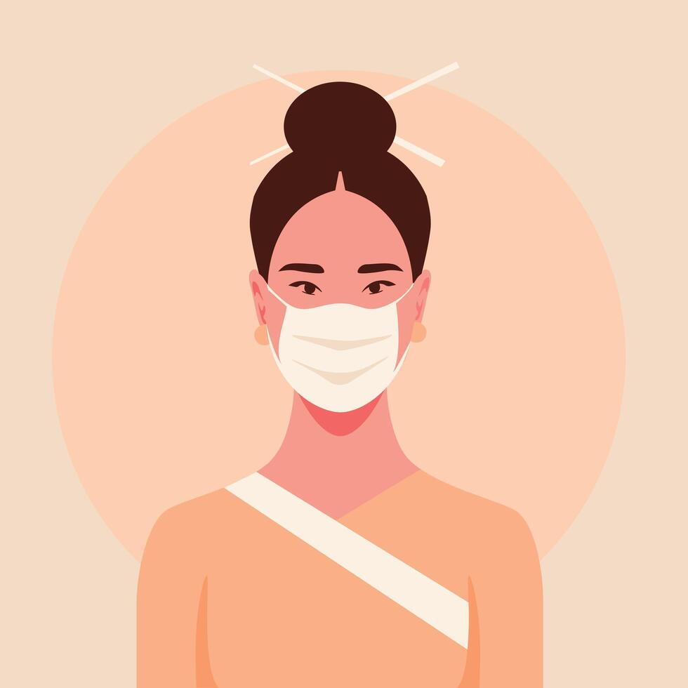 illustration portrait of an asian with traditional clothes woman wearing a face mask. corona virus and pandemic concept. vector