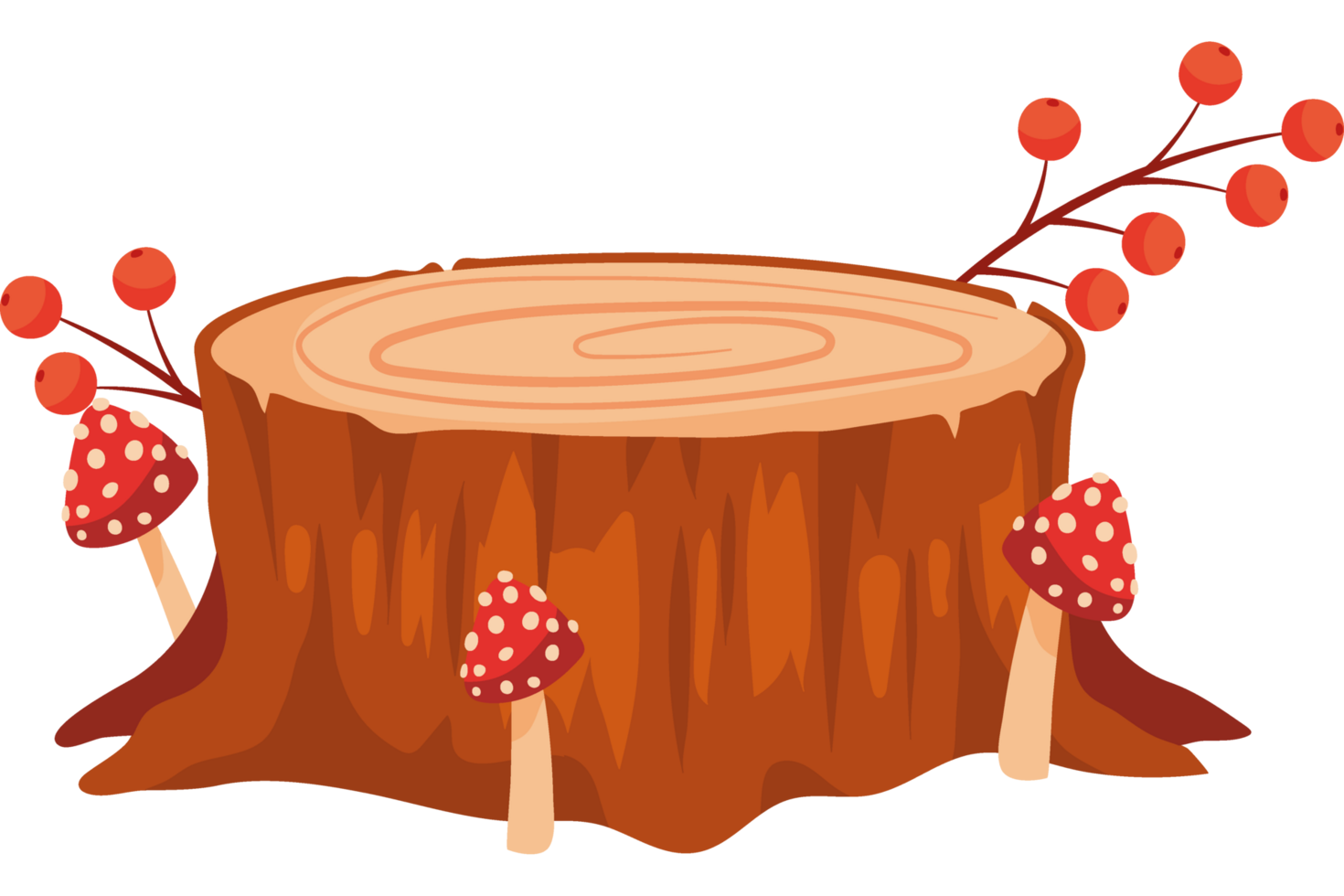 A cartoon tree stump with mushrooms and berries png
