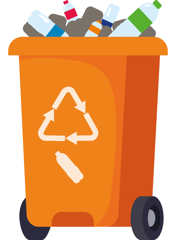 A trash can filled with plastic bottles and other items png