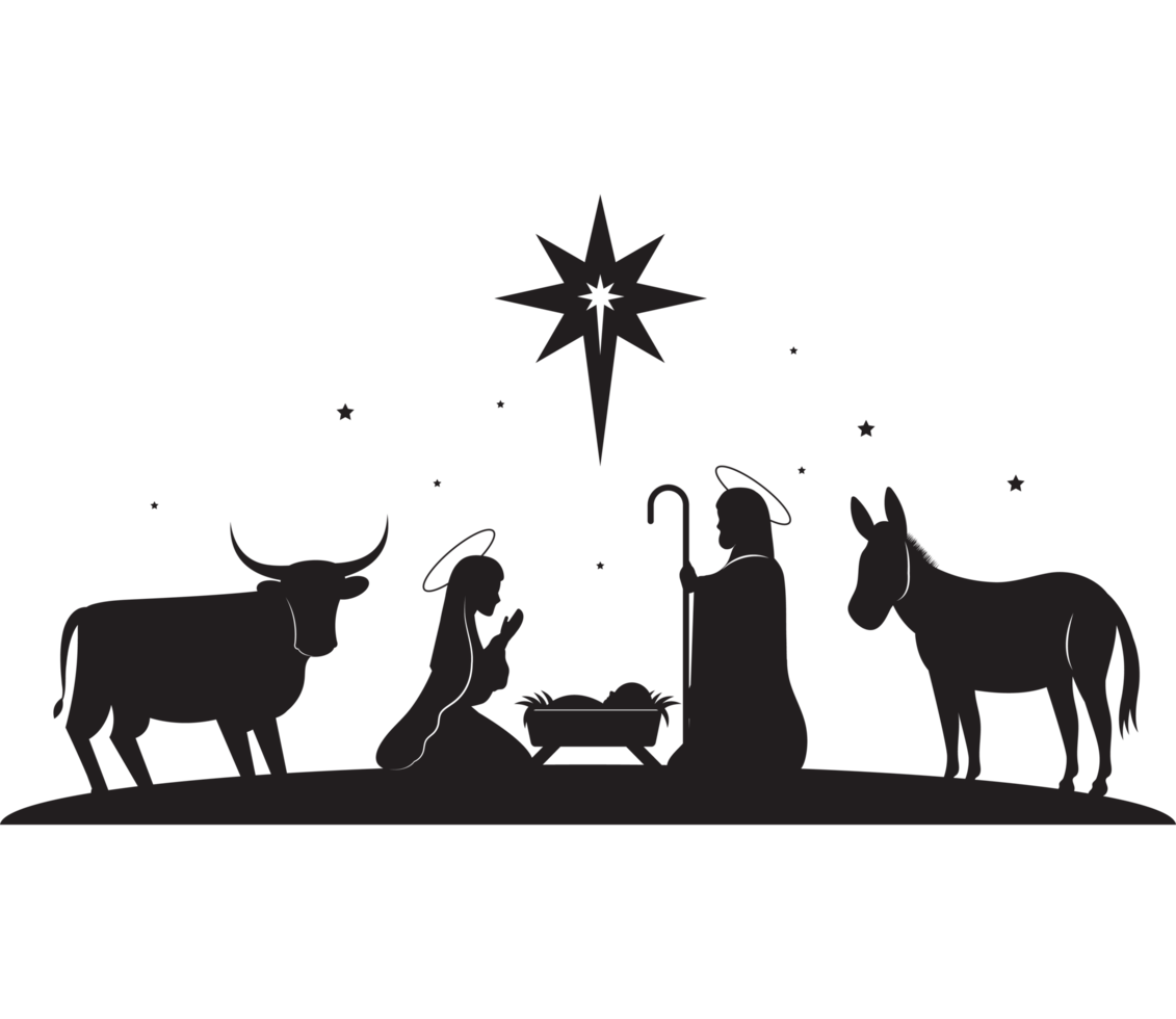 Nativity scene with three animals and a star png