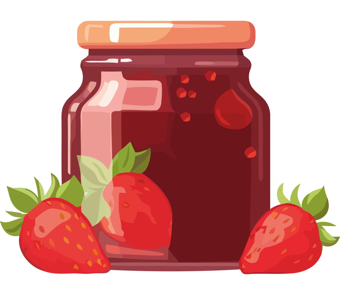A jar of strawberry jam with strawberries png