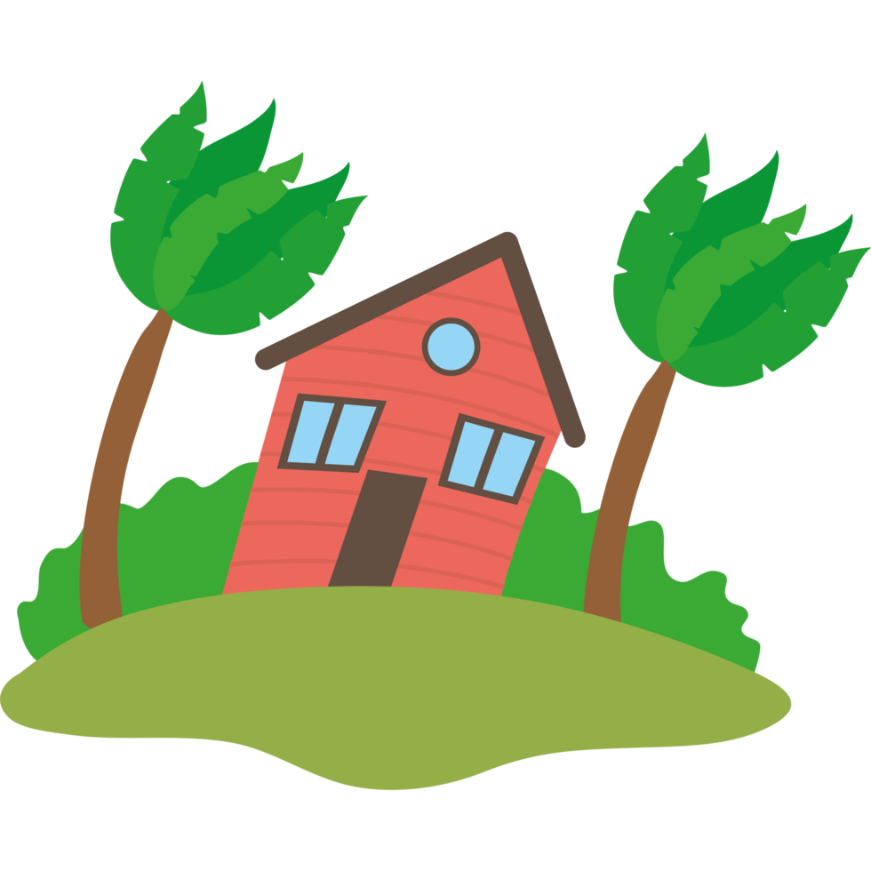 A cartoon house with palm trees and a tree png