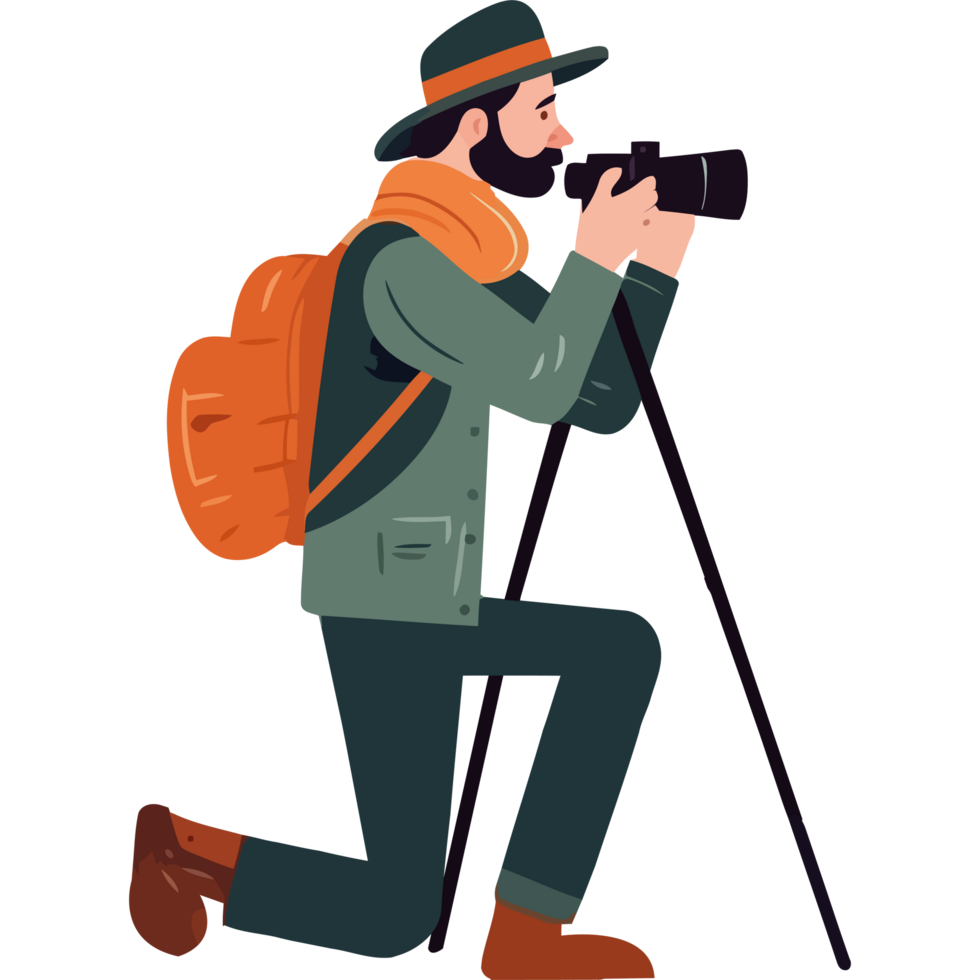 A man with a backpack and a camera is taking a photo png