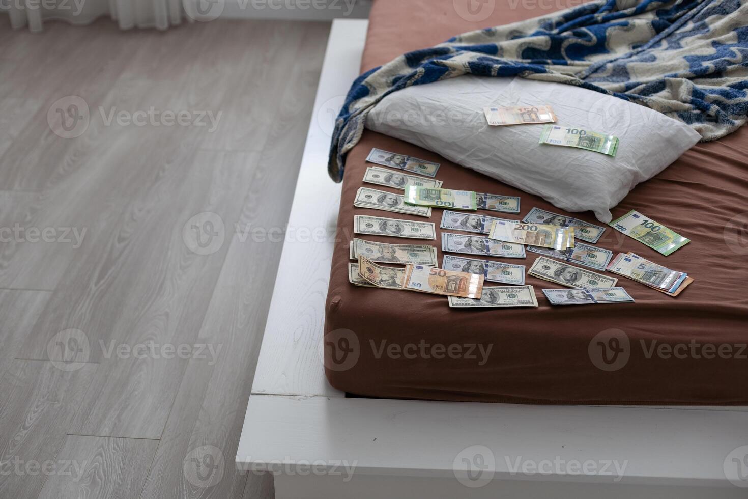 Flat lay composition with evidences and crime scene markers on background photo