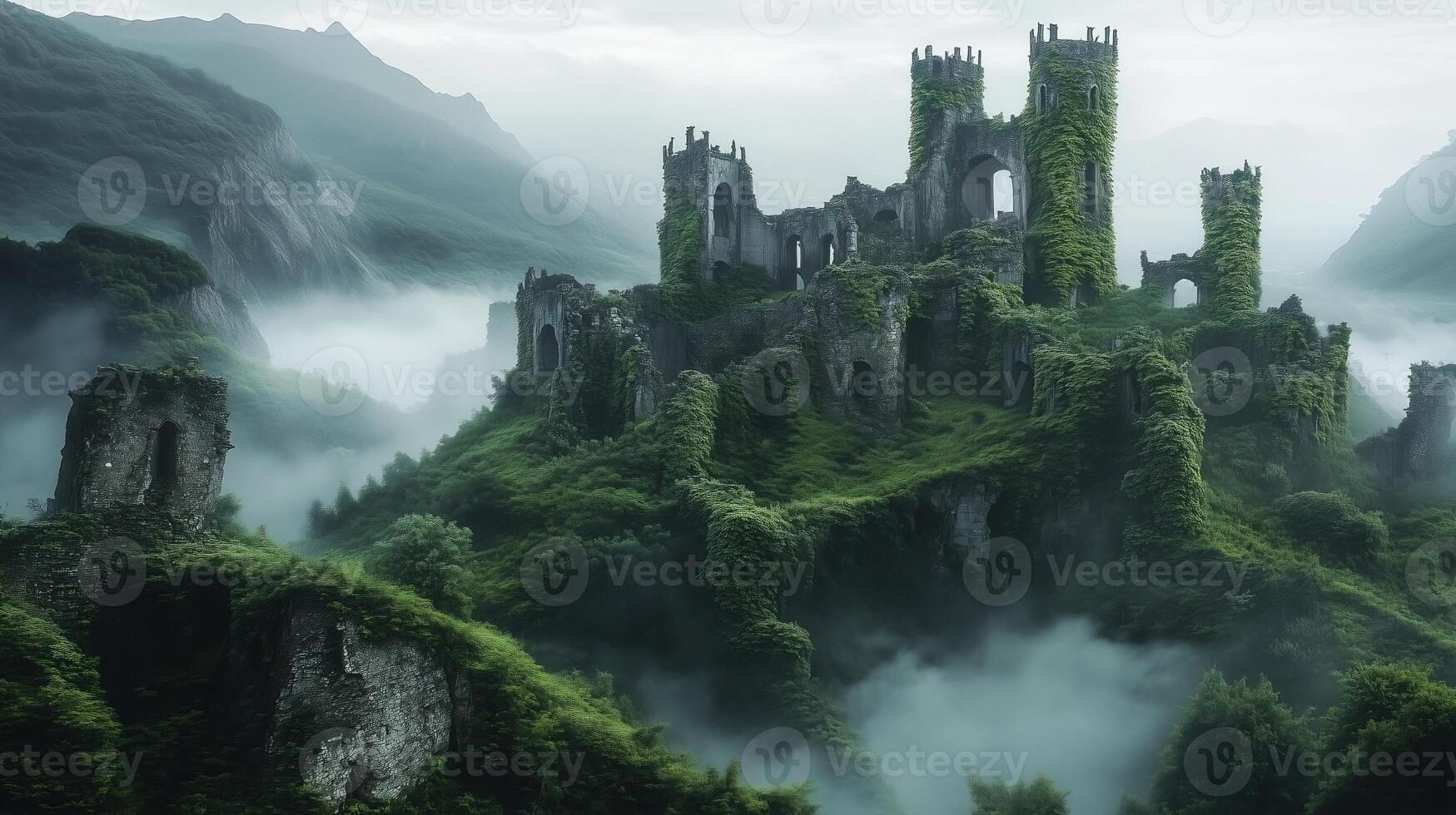Ancient castle ruins covered in lush greenery photo