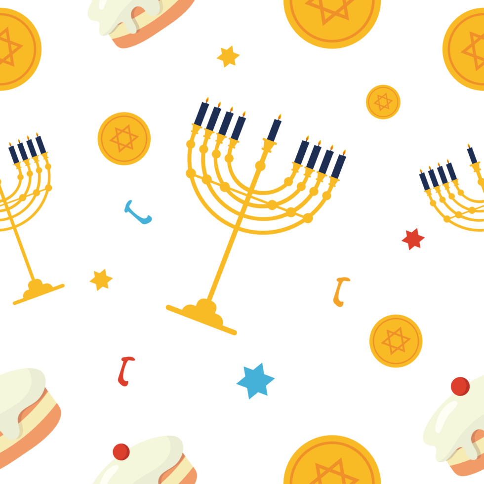 Seamless pattern with menorah, coins, and cupcakes png