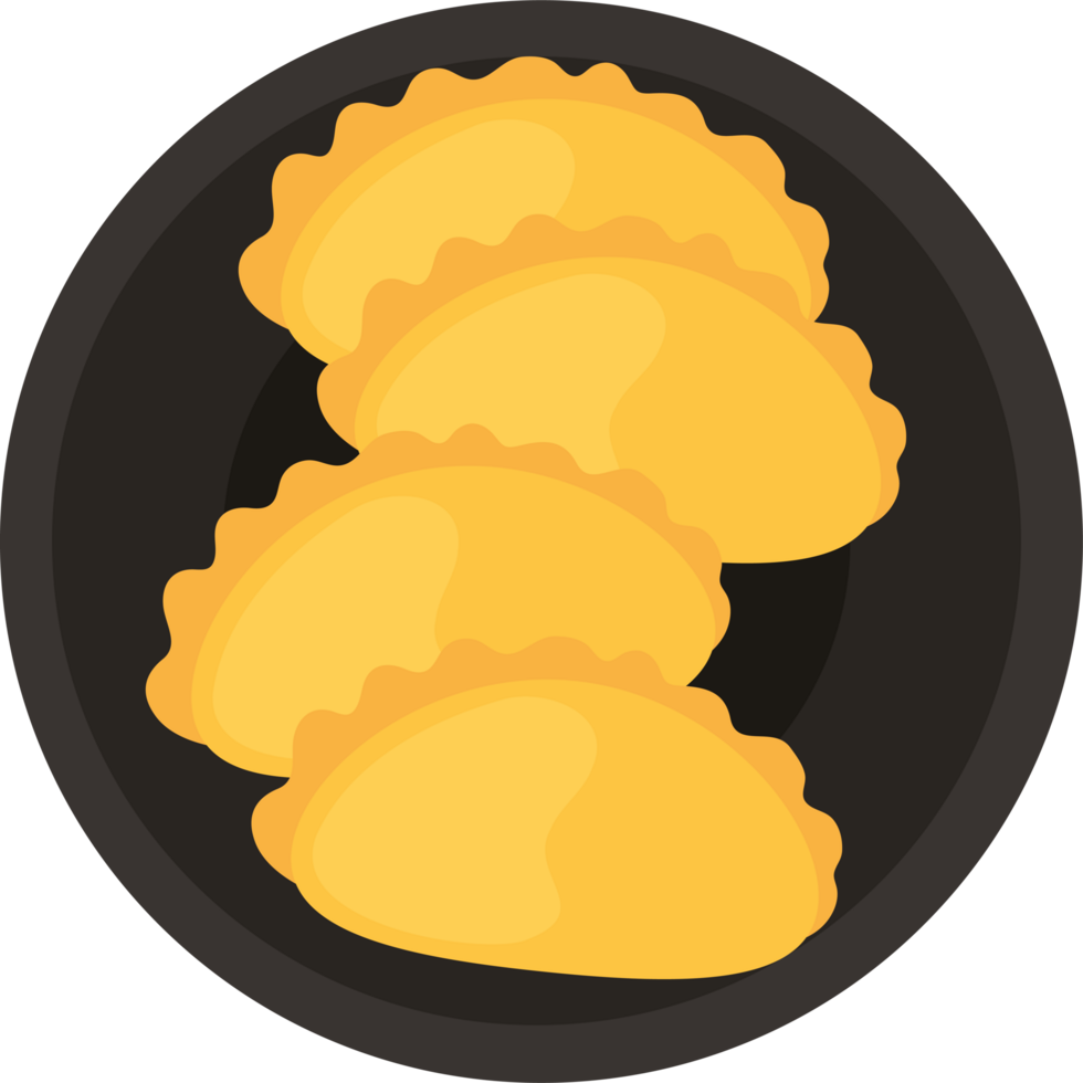 Three fried dumplings are on a black plate png