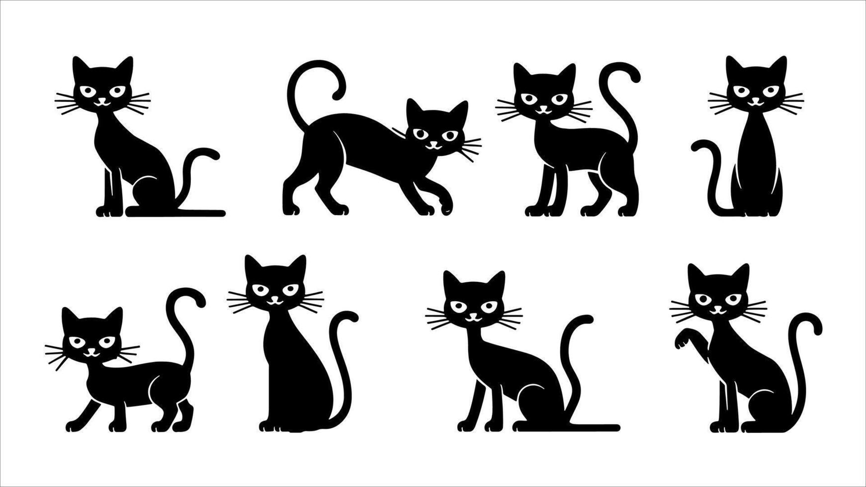 Black silhouette cats in different poses illustration isolated on white background vector