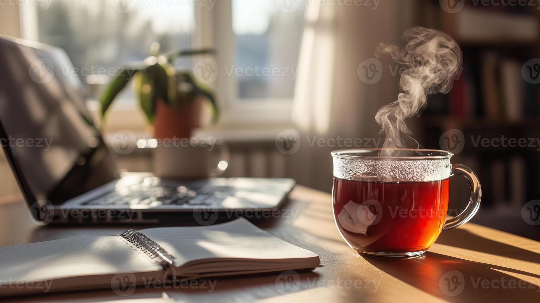 A steaming cup of black tea next to an open notebook photo