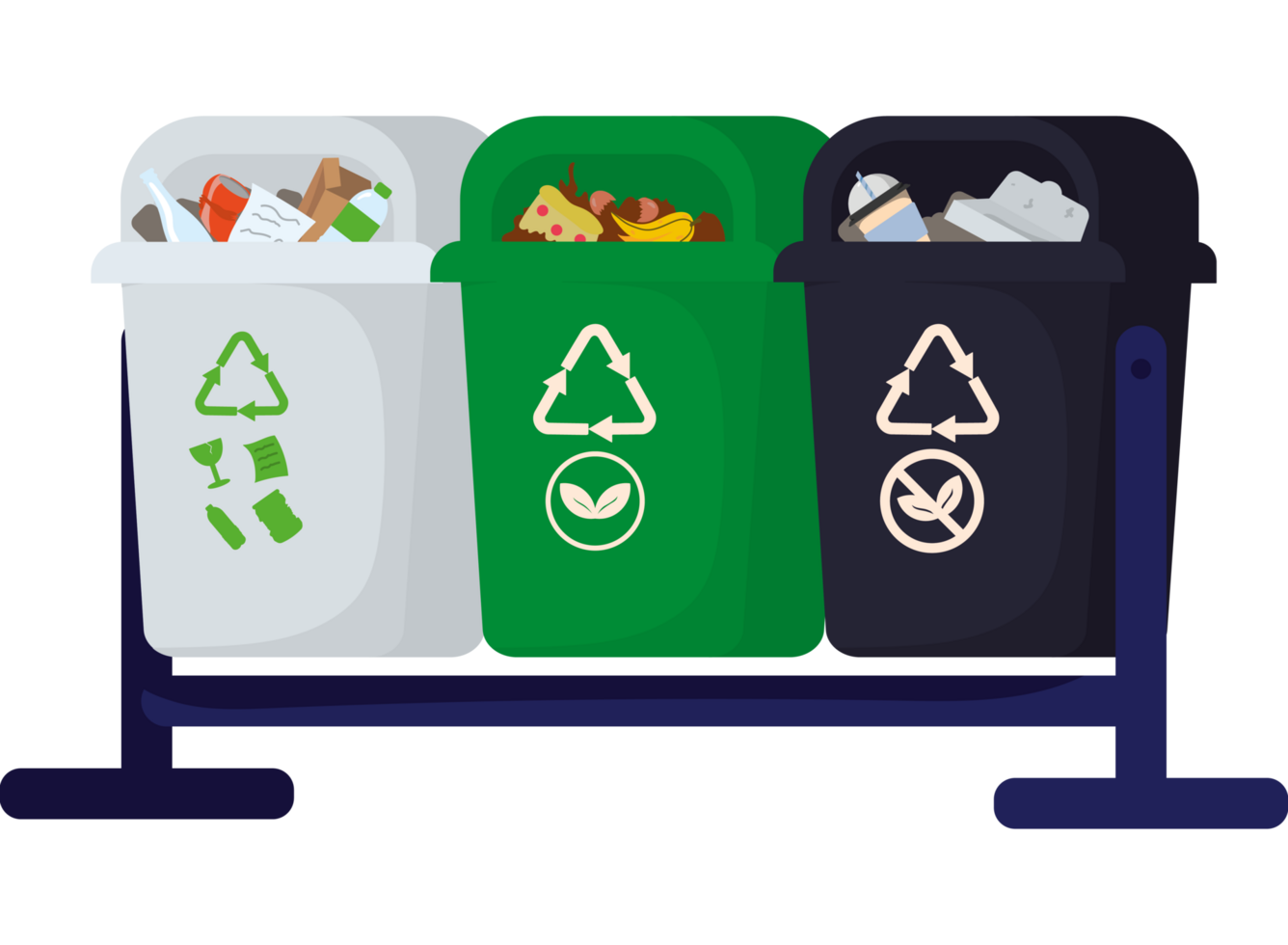 Three trash cans with different types of trash png