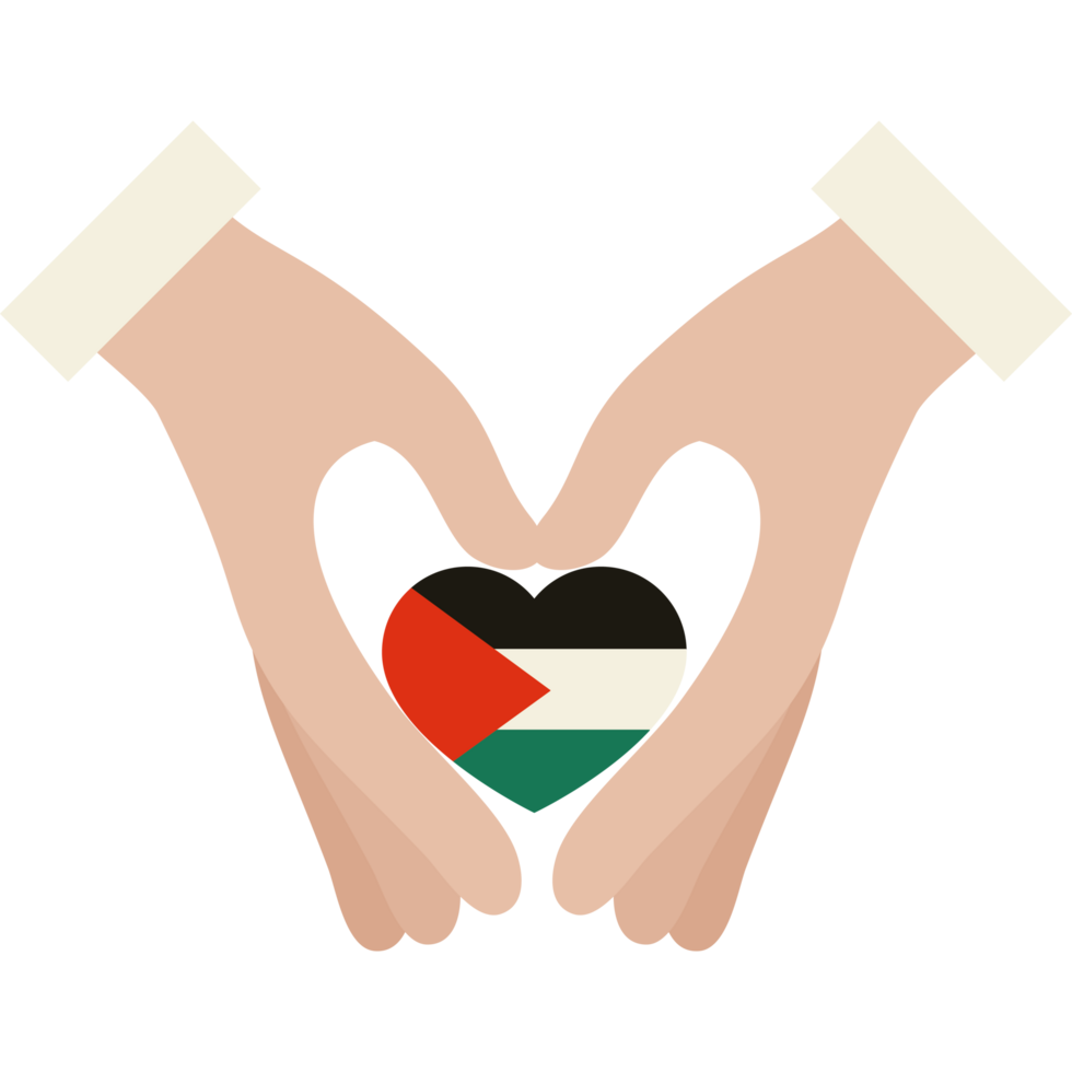Two hands holding a heart with the flag of palestine png