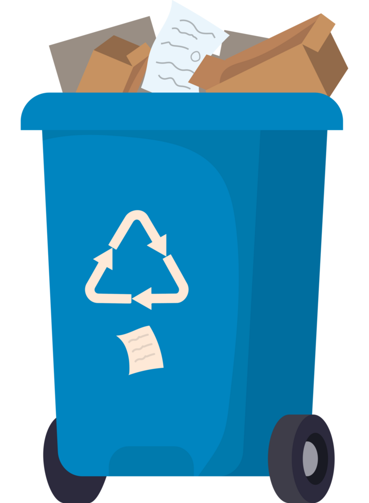 A blue trash can with paper and other items png