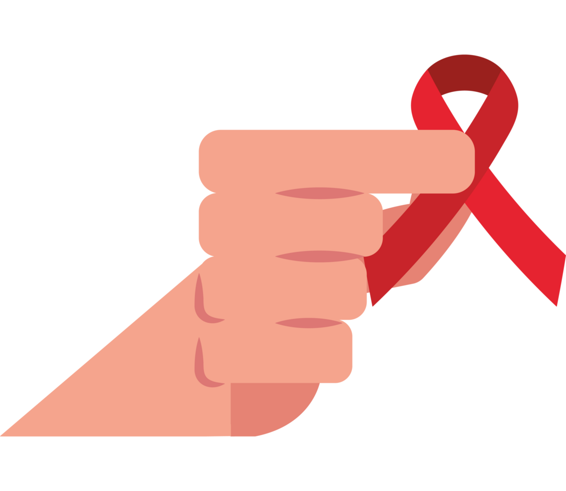 A hand holding a red ribbon with a finger pointing at it png