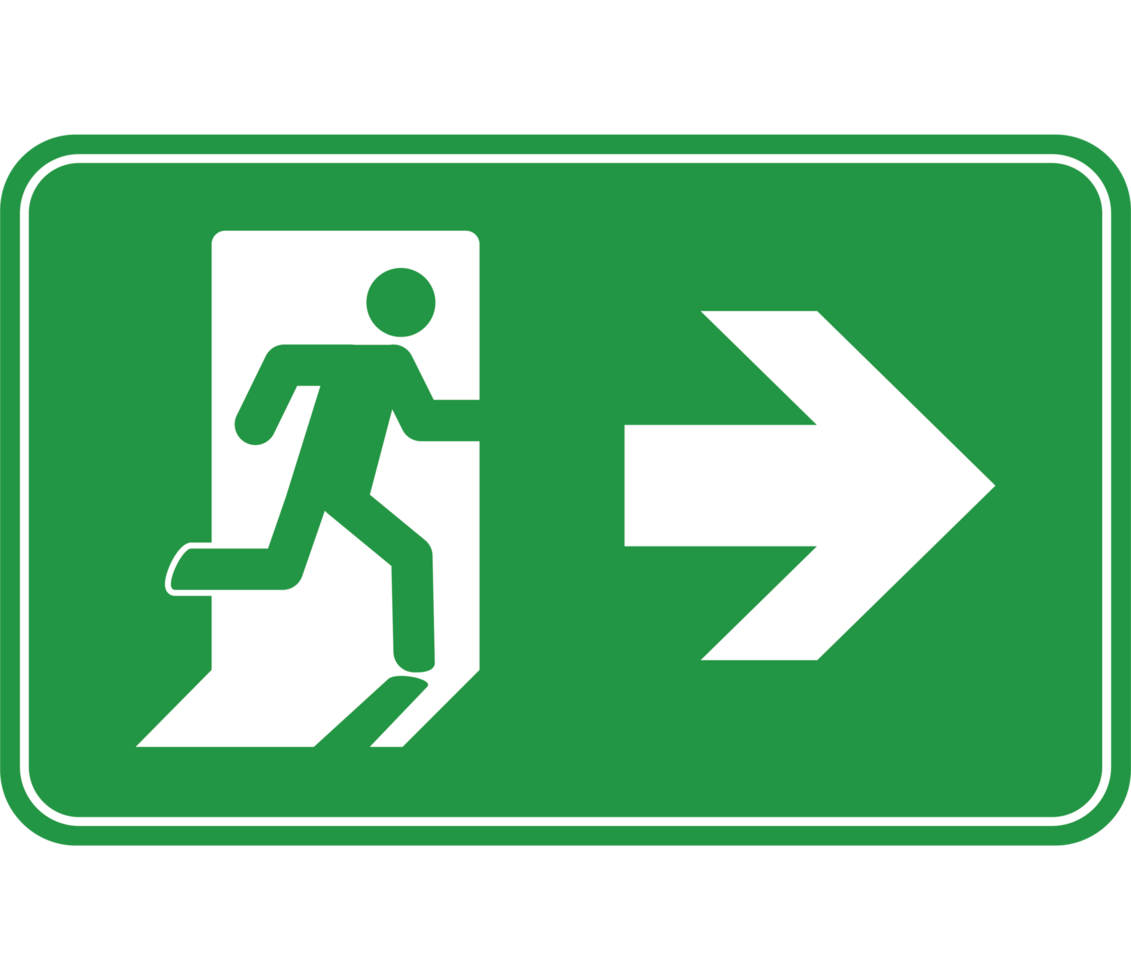 A green exit sign with a man running in the direction of the arrow png