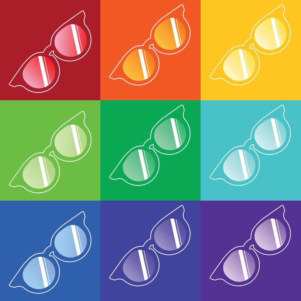 A seamless pattern featuring colorful, rainbow-hued glasses against a grid of vibrant backgrounds. Each pair of glasses is set in a different bold color, creating a lively and eye-catching pattern vector