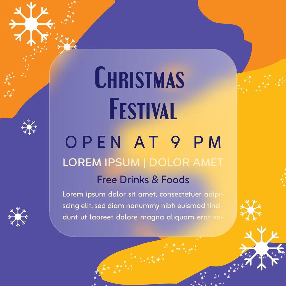 Christmas festival poster, abstract design, orange and purple background, white snowflakes, bold text, event details, gradient overlay, modern typography, promotional flyer vector