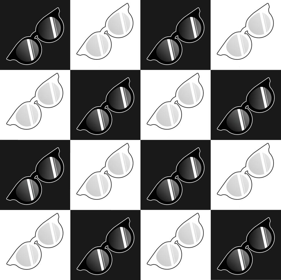 A seamless pattern featuring black and white monochrome glasses, arranged in a repeating seamless design. The minimalist pattern showcases repeating glasses icons, creating a stylish, modern pattern vector