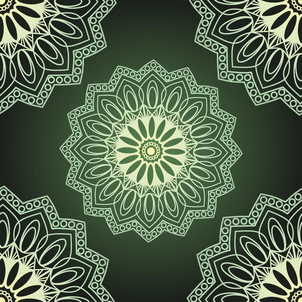 seamless mandala pattern featuring intricate designs in dark green and light green hues. The harmonious blend of moss green tones creates a calming and balanced visual, perfect for various projects. vector