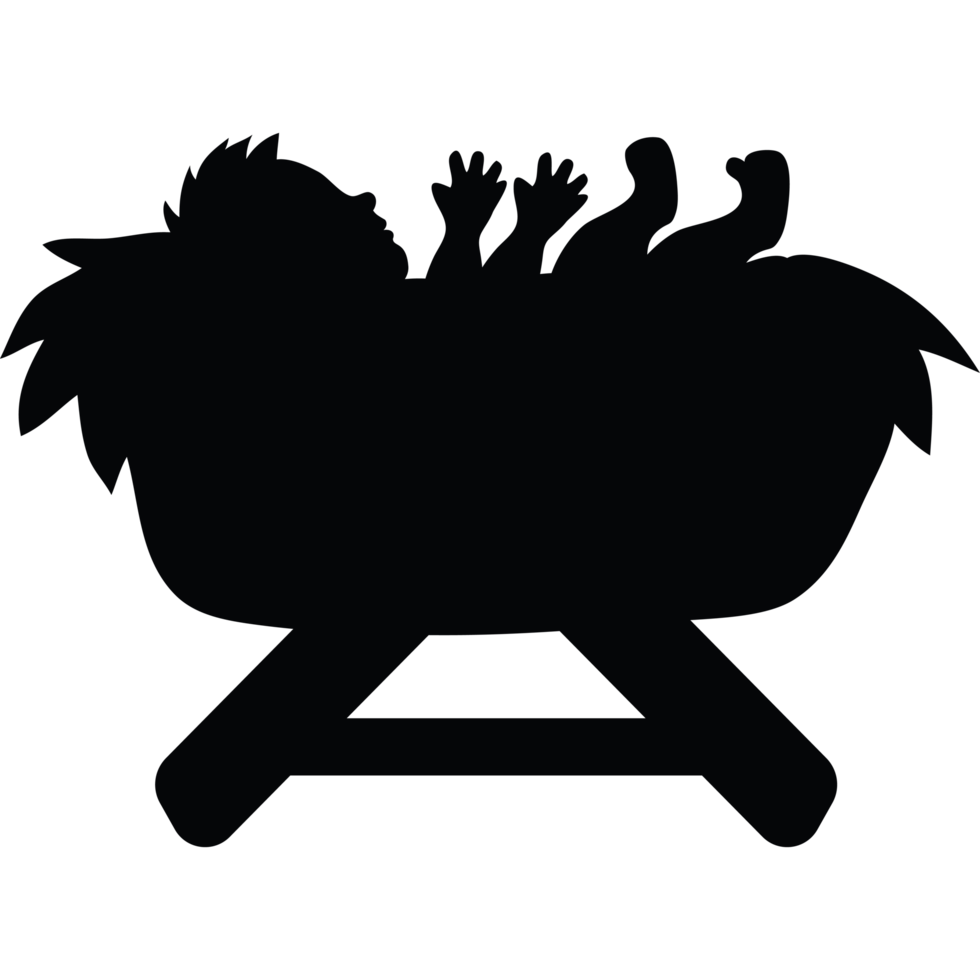 A black silhouette of a baby in a manger png