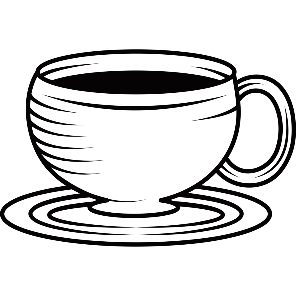 A black and white drawing of a cup of coffee png