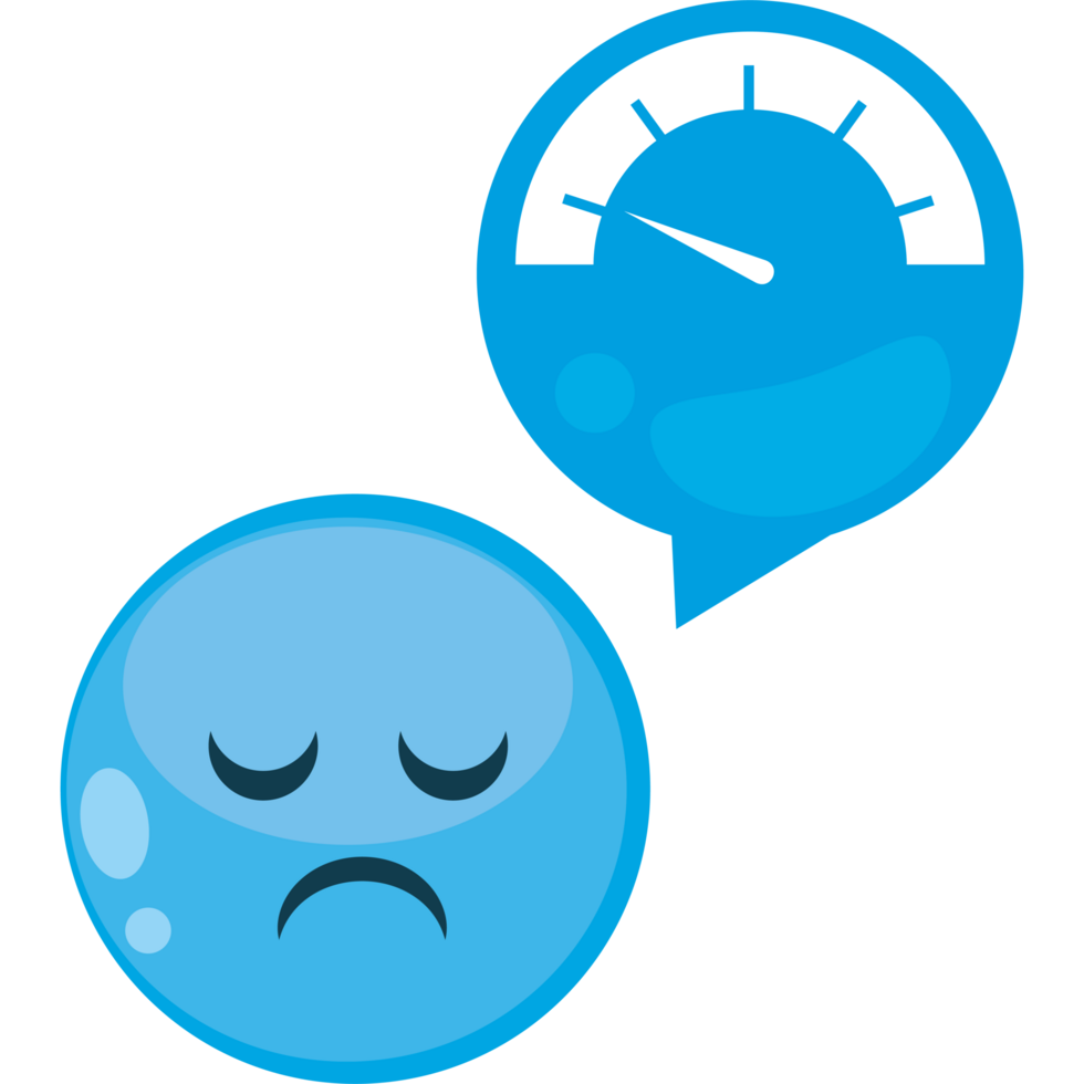 A blue ball with a sad face and a speedometer png
