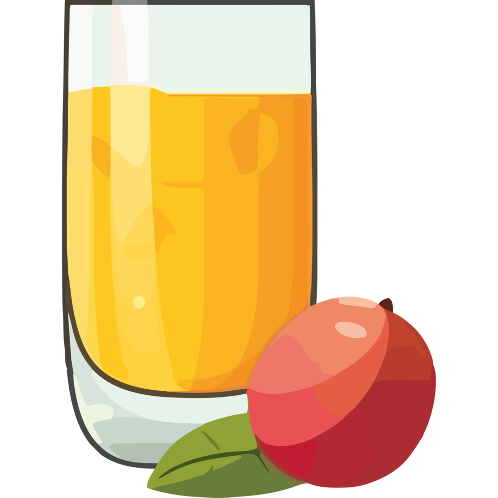 An orange juice and a peach are shown png