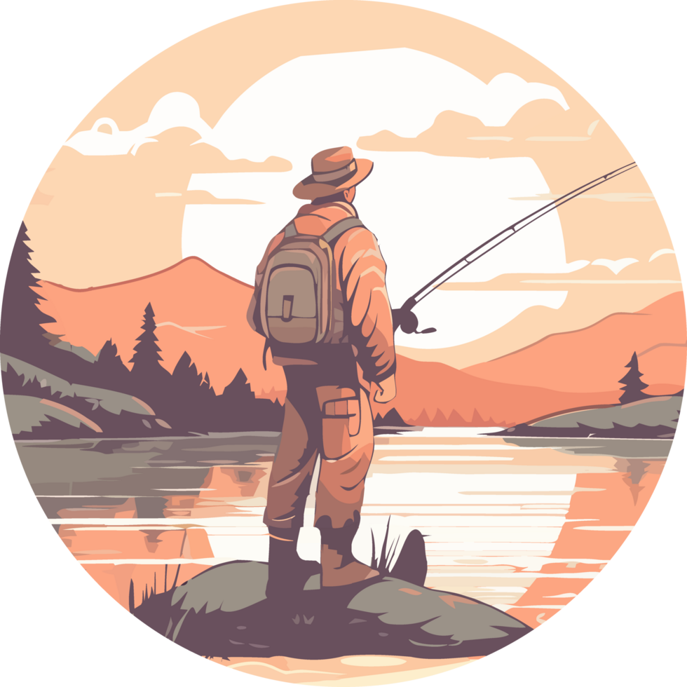 A man with a backpack and fishing rod stands on a rock by the water png
