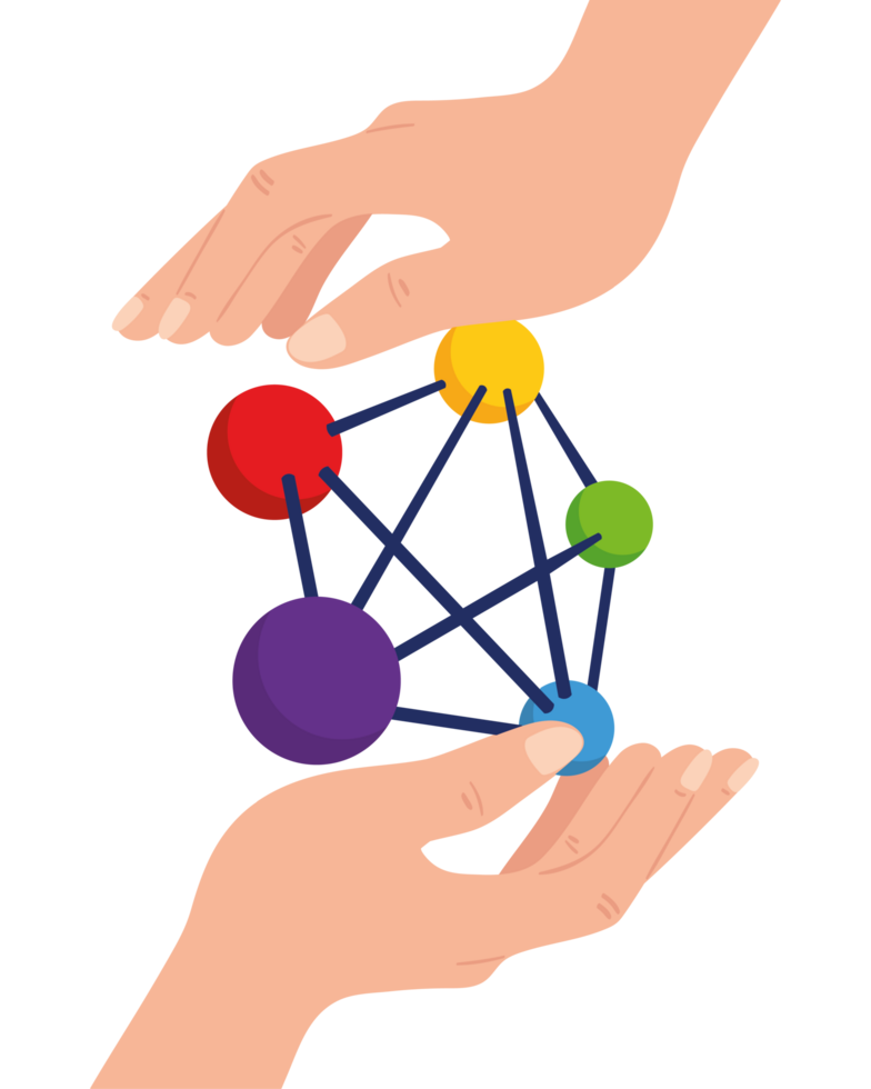 Hands holding a network of colored spheres png