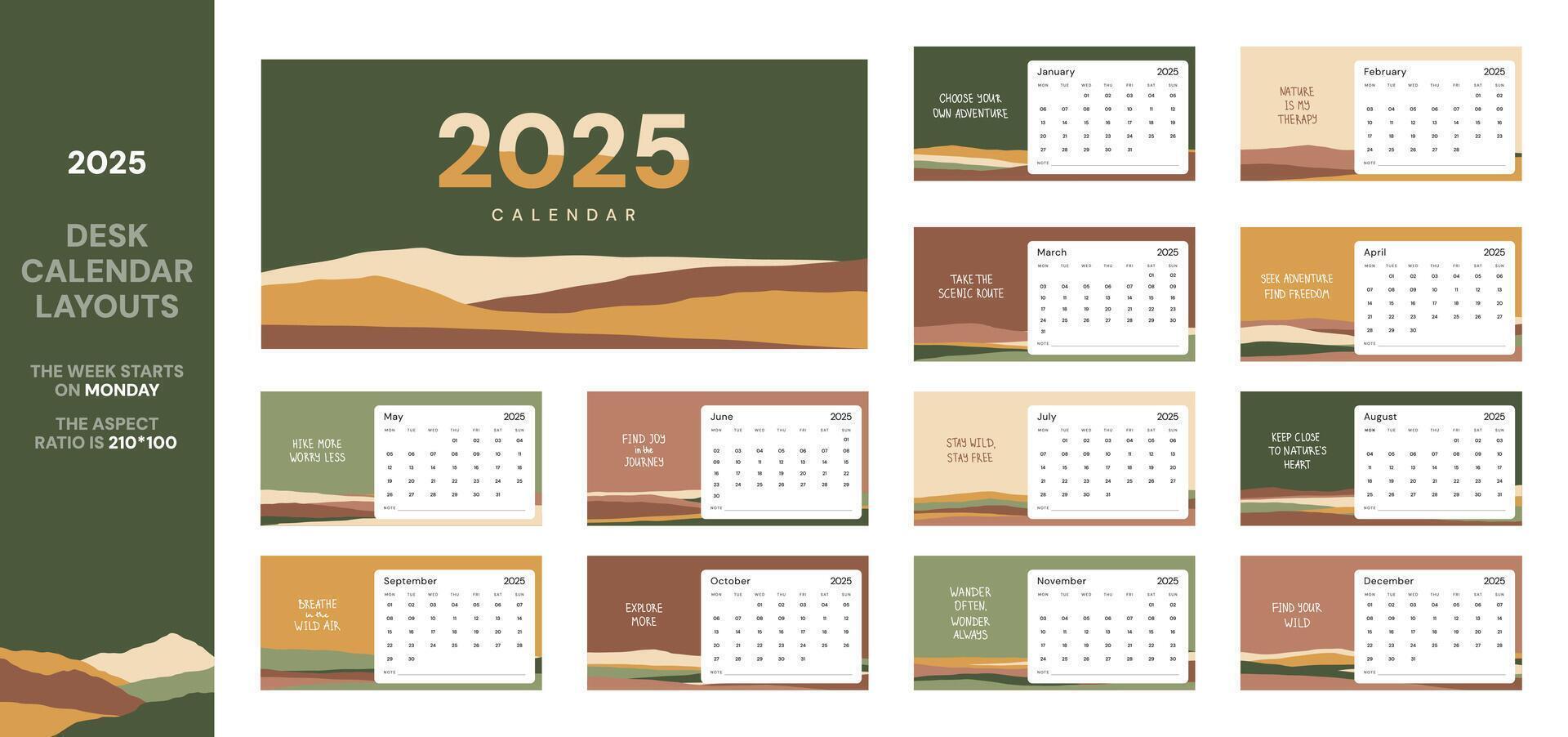 Horizontal desk calendar 210 100 mm. Printable calendar 2025 template. Hiking Travel Adventure quotes, earth colors. Layout of a desk simple calendar with week start Monday 12 months included vector