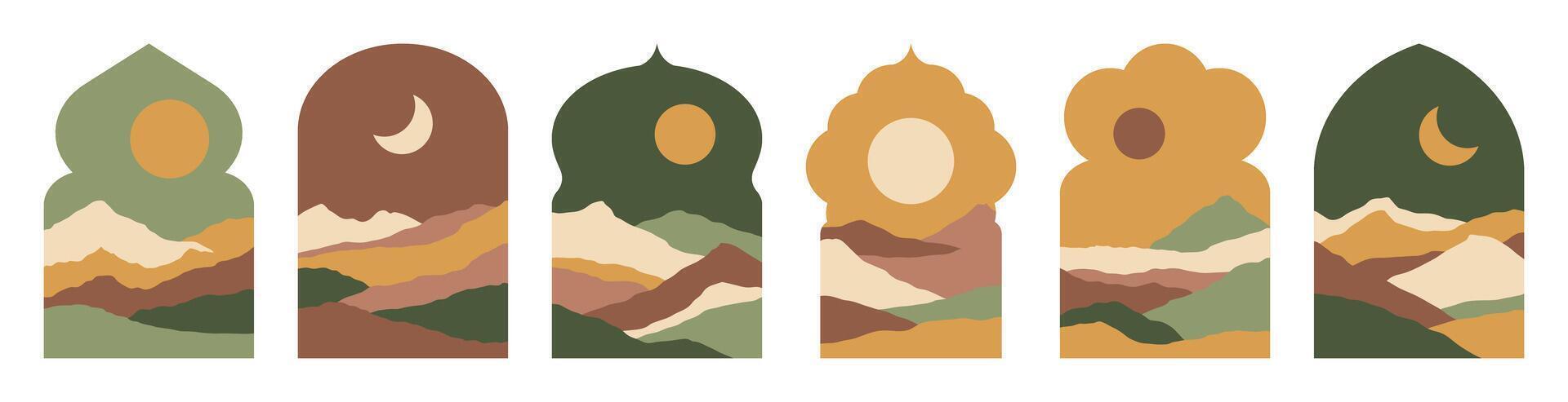 Set of Arabic window with landscapes. Oriental scenes. Ramadan arch doors. Islamic architectural elements with dunes landscapes. Frame with moon, desert and mountains. illustration set vector