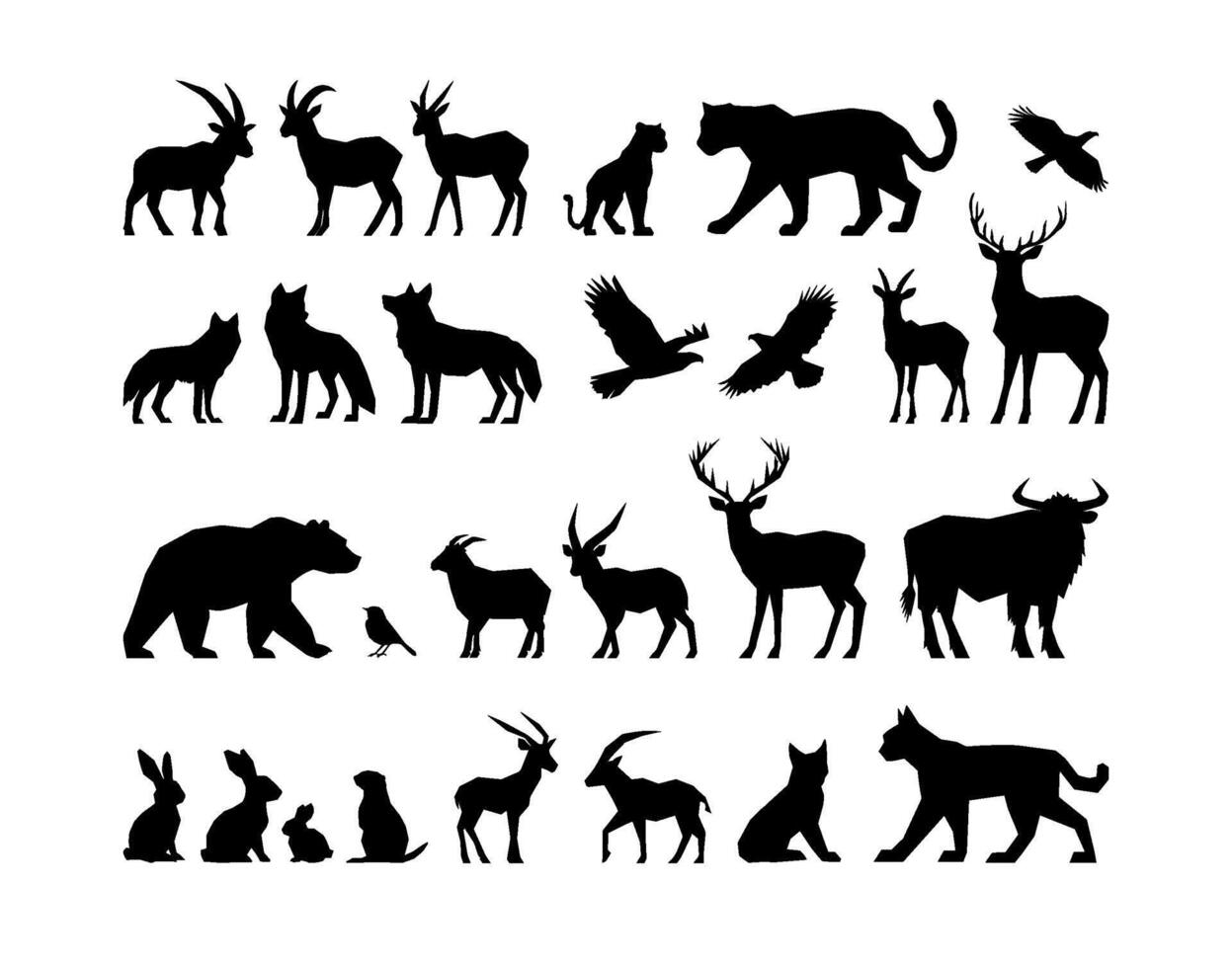 Animal silhouettes. Mountain and forest fauna. mountain wildlife. Bear, Deer, Goat, Rabbit, Eagle, Snow Leopard, Lynx, Wolf, Yak, Hare, Bird silhouettes. Adventure travel tourism concept, vector