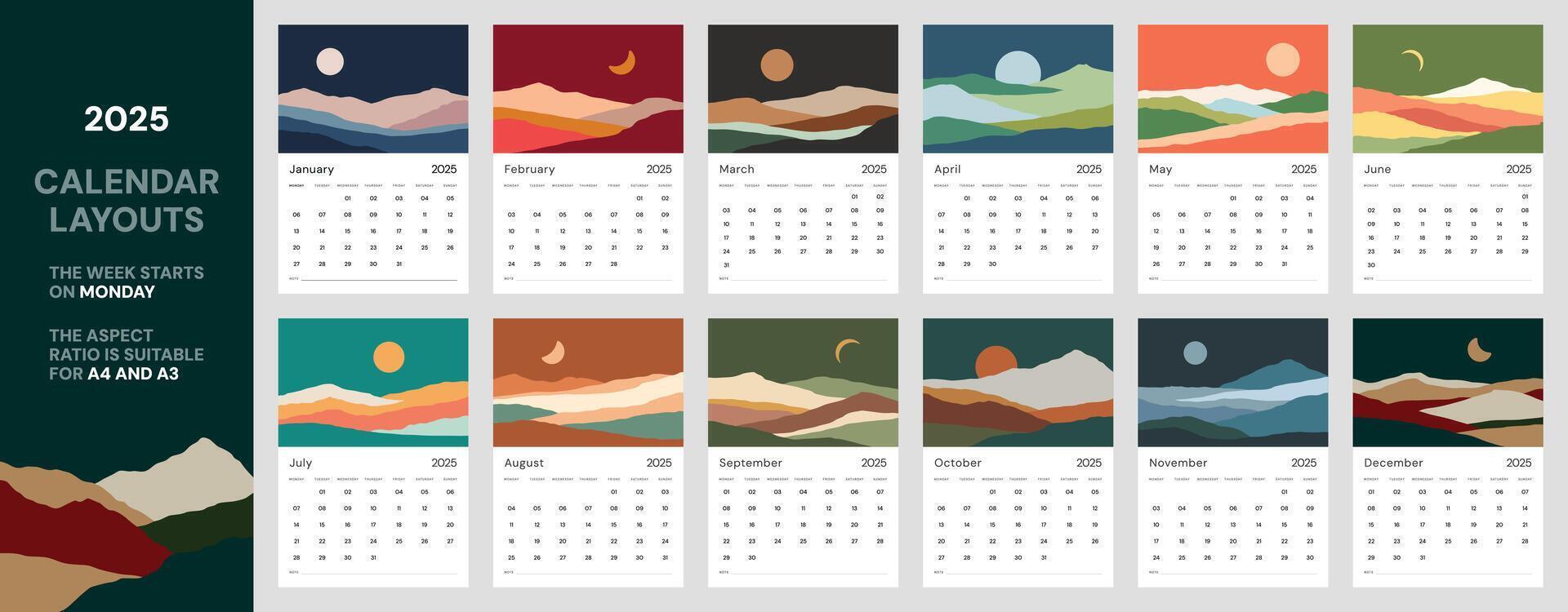 Vertical calendar template 2025 year. Suitable for A3 A4 A5 format. With travel adventure landscape colorful illustrations in flat style. Wall calendar layout with week start Monday 12 months included vector