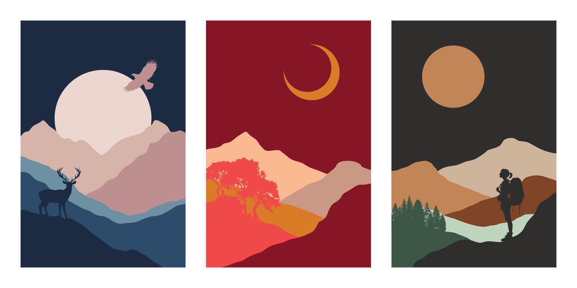 Hiking posters, travel adventure postcard with mountains, sun and moon. Travel concept of discovering, exploring, observing nature. Adventure. Minimalist graphic. Deer, traveler, falcon, night scene vector