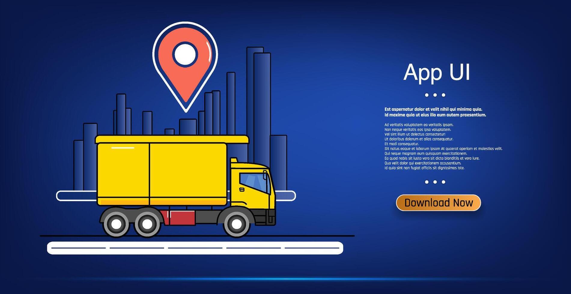 Colorful banner for a delivery app featuring a modern cityscape background, a yellow delivery truck with a large location pin, and a call-to-action button. Ideal for app design, web templates, vector