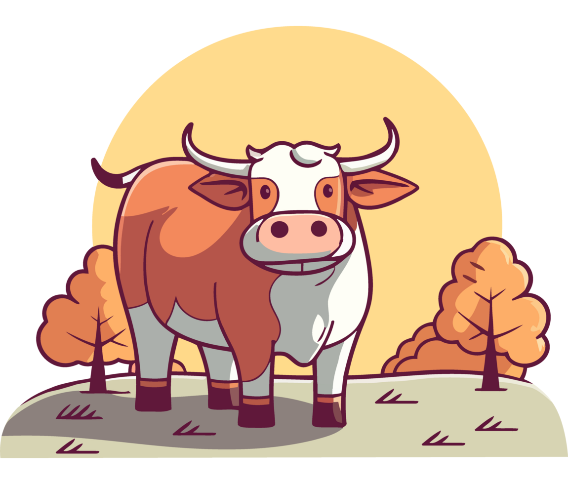 Cow in the field with trees and sun png