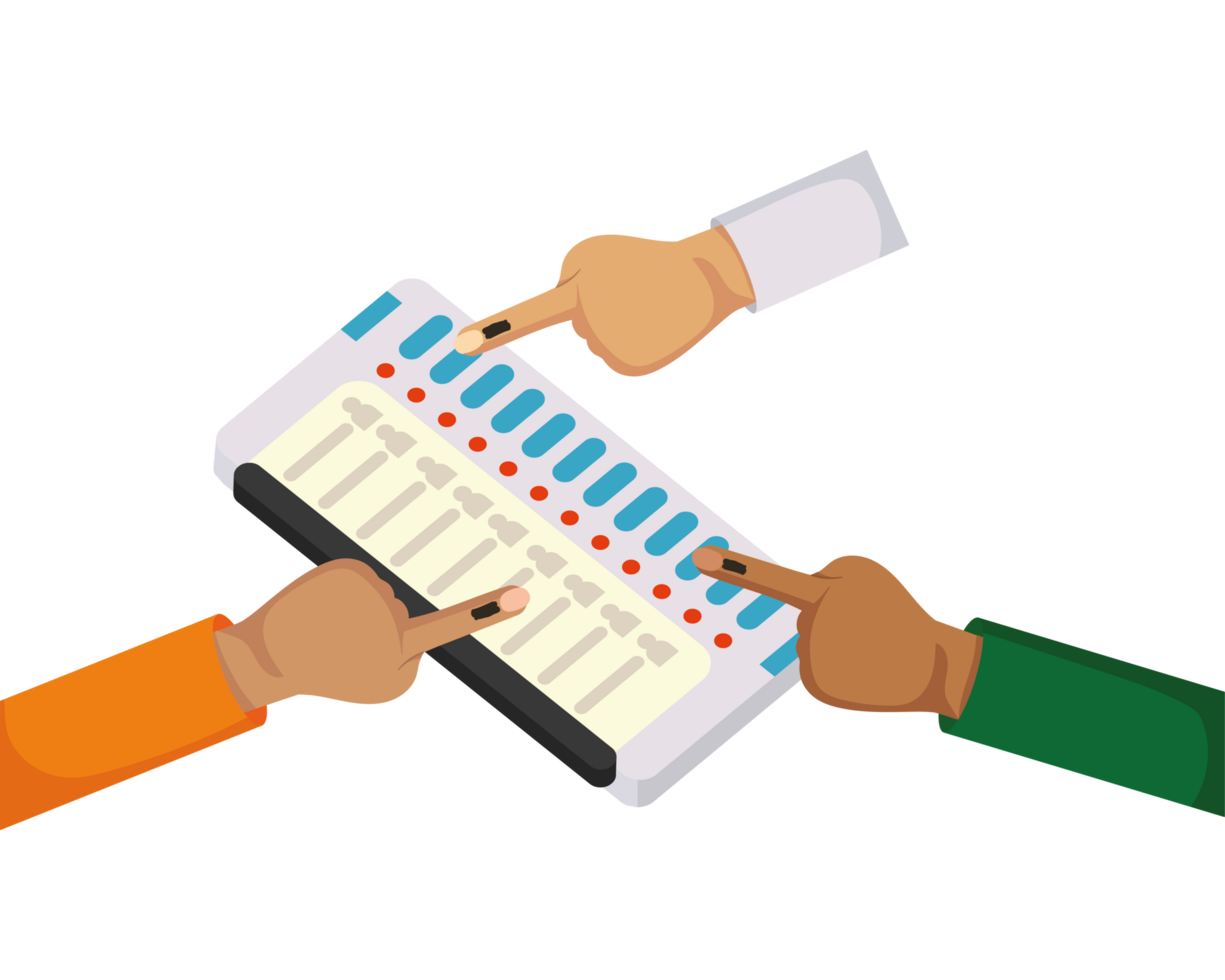 Two hands holding a voting machine and pointing at it png