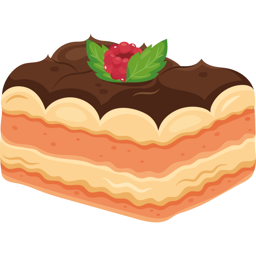 Cake with chocolate frosting and raspberry leaves png