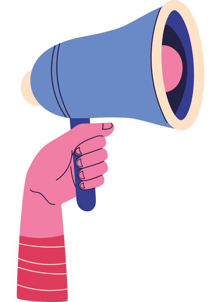 A hand holding a megaphone with pink and blue colors png