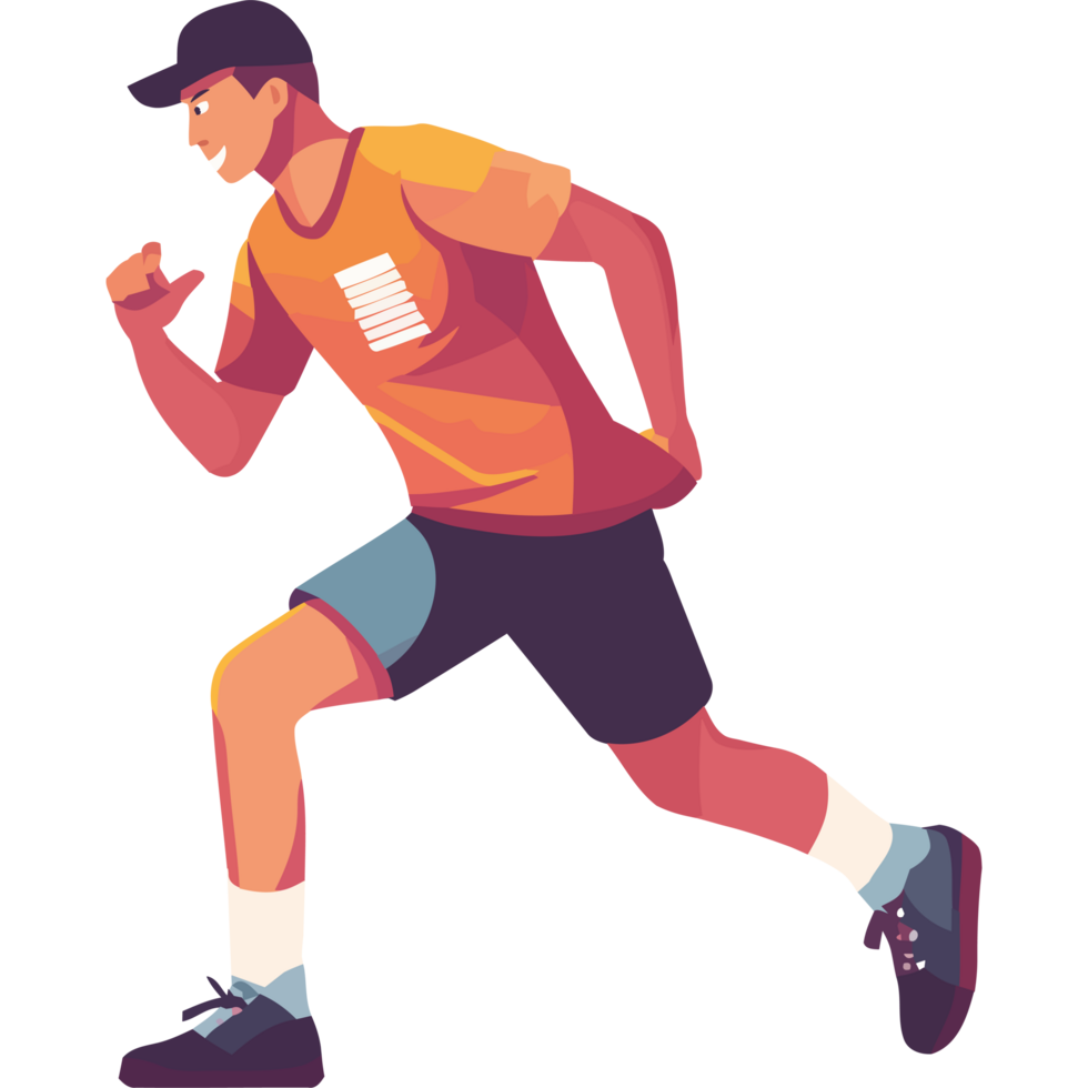 A man in an orange shirt and black shorts is running png