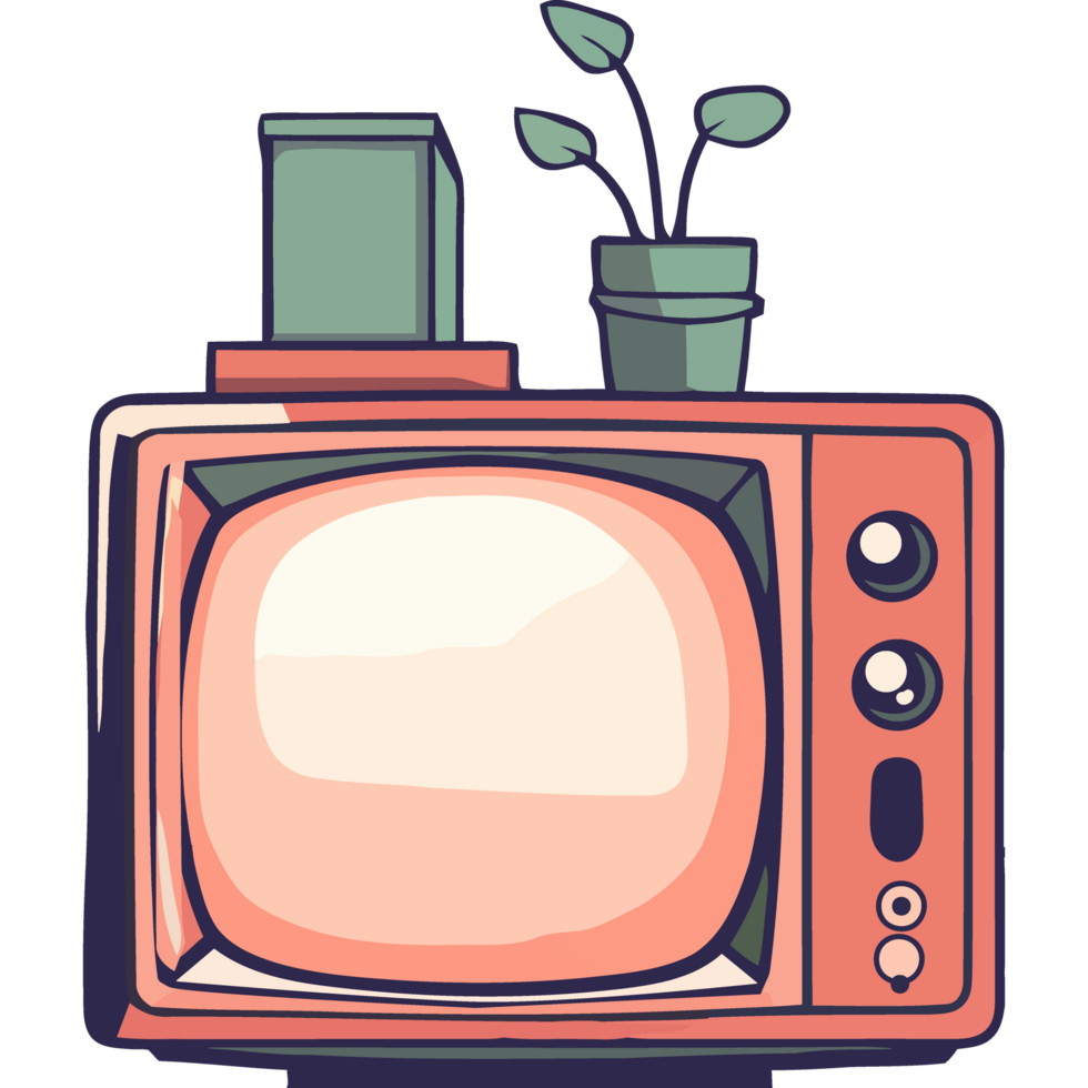 An old television with a plant on top of it png