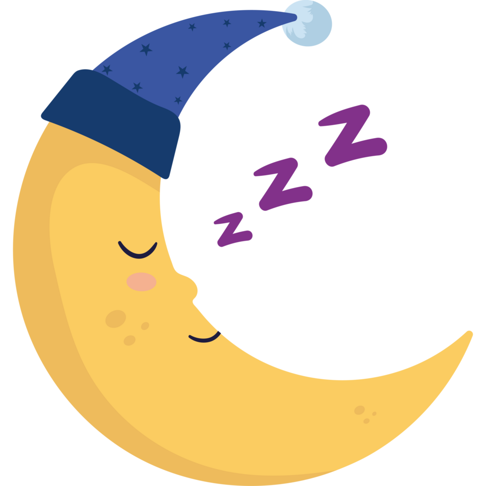 A cartoon crescent with a sleeping face png