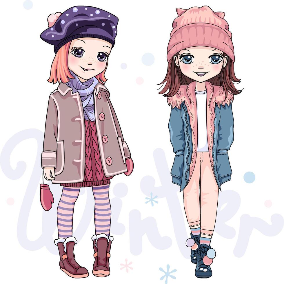 SET girls in winter clothes vector