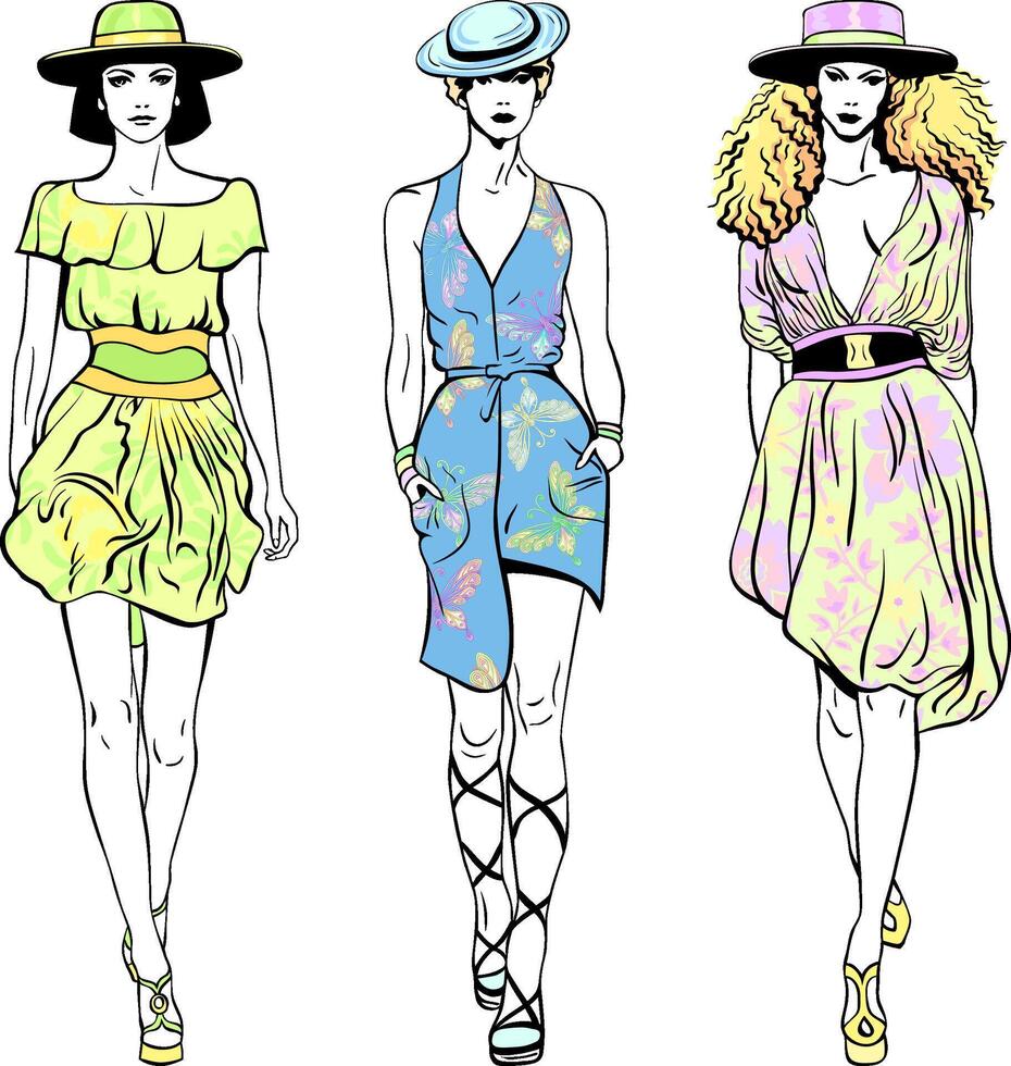 set fashion top models in summer dresses and hats vector