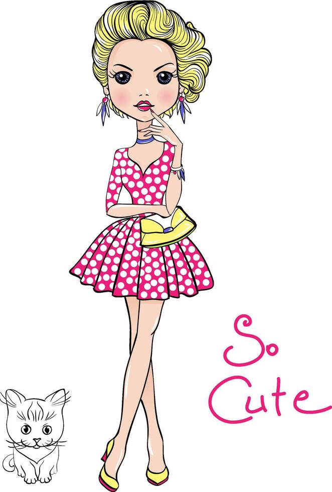 Pop Art cute fashion girl with cat vector