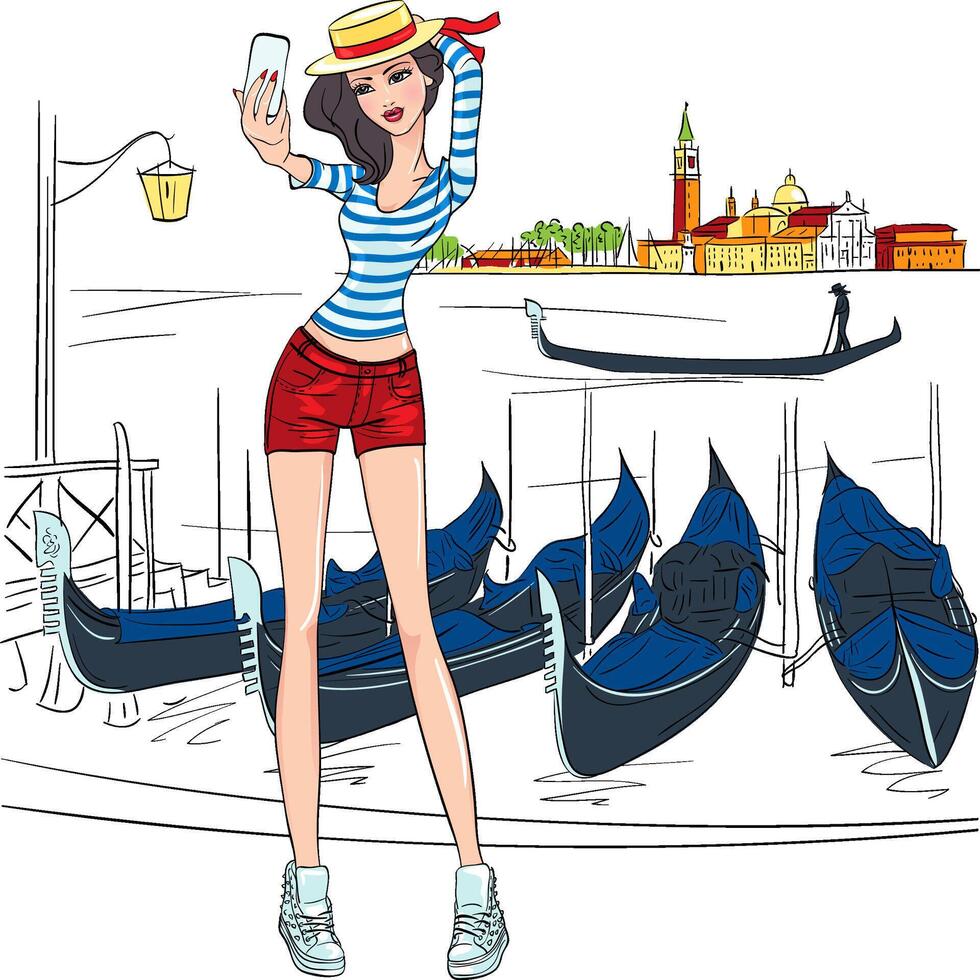 lovely fashion girl makes selfie in Venice vector