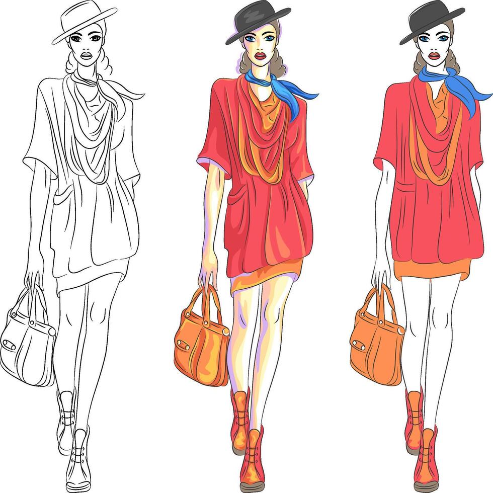 beautiful fashion girl top model in hat and with bag vector