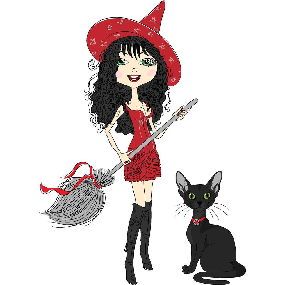 cheerful beautiful girl dressed as a witch with a broom a vector