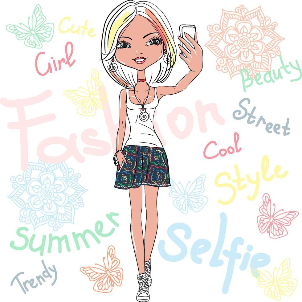 cute girl makes selfie vector